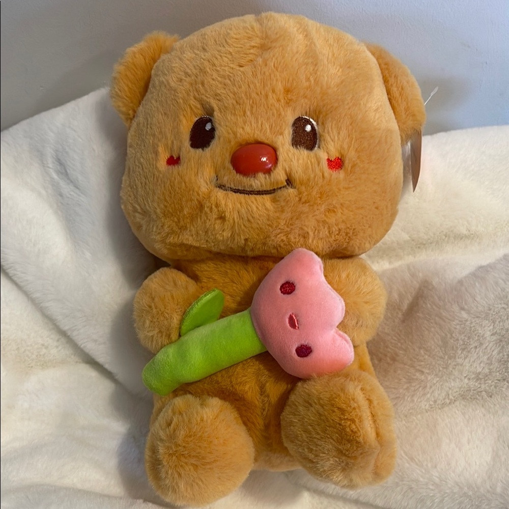 Adorable Tan Teddy Bear with Pink Flower 8.5”